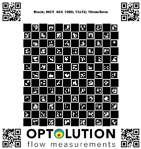 A generated printable ChArUco board: a checkerboard with ArUco markers in the black squares, labelled with its dictionary and dimensions
