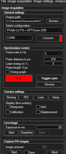 PIVlab Image Acquisition panel