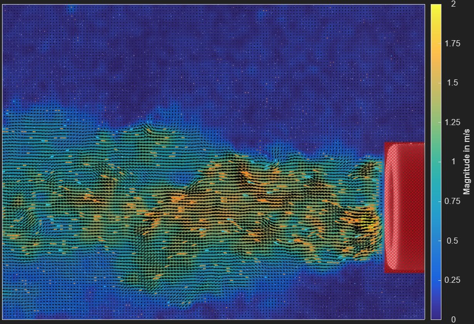 Velocity magnitude shown as a colour overlay on the vector field, with a colour bar labelled Magnitude in m/s and the masked object in red