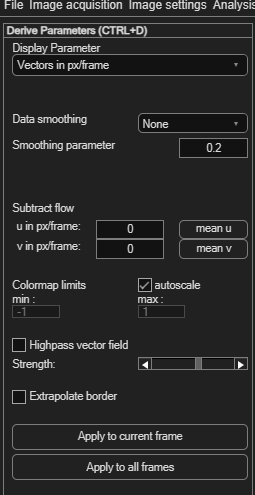 PIVlab Derive Parameters panel