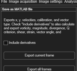 PIVlab Save as MATLAB file export panel