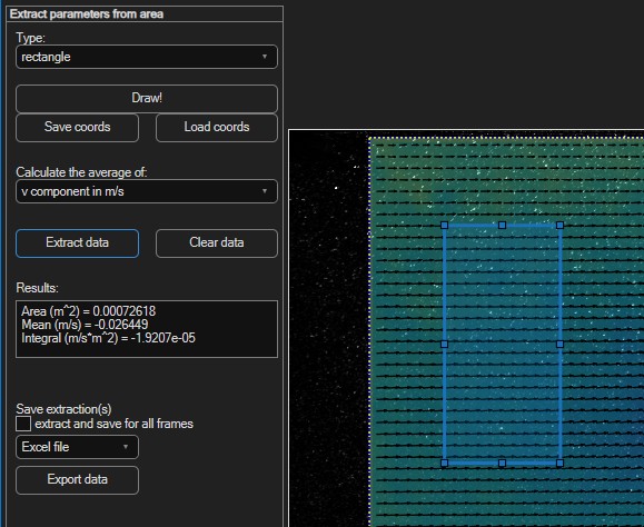 The Extract parameters from area panel with a rectangle drawn on the field; the Results box shows the area, mean v-component and integral