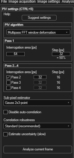 PIVlab PIV settings panel with Multipass FFT window deformation selected