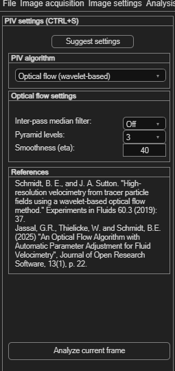 PIVlab PIV settings panel with Optical flow (wavelet-based) selected