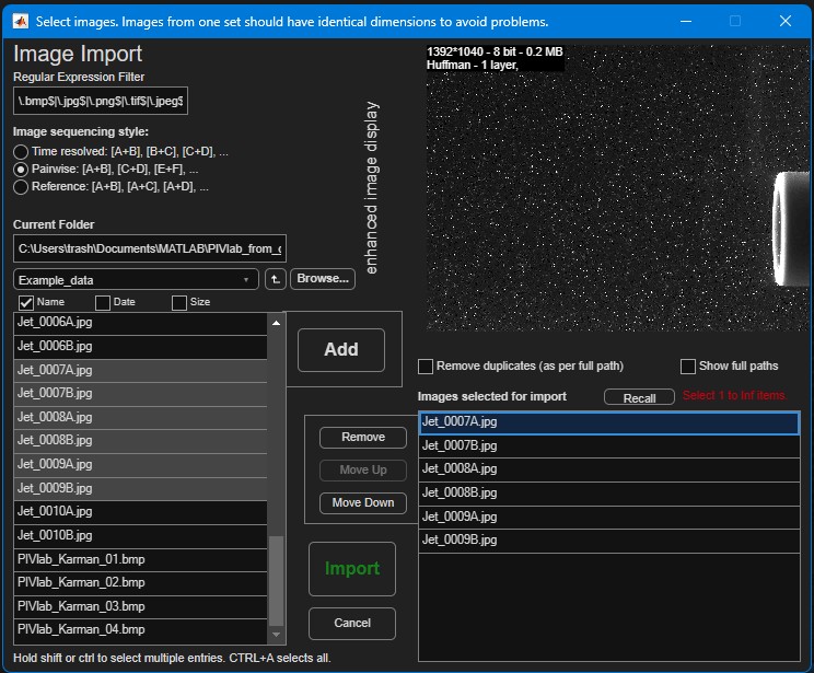 PIVlab image import dialog: sequencing style, folder browser, and the list of images selected for import