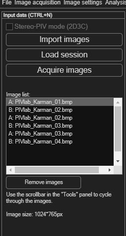 PIVlab Input data panel with a loaded image list