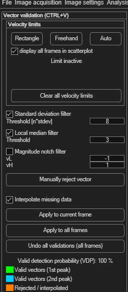 PIVlab Vector validation panel with real analysis results